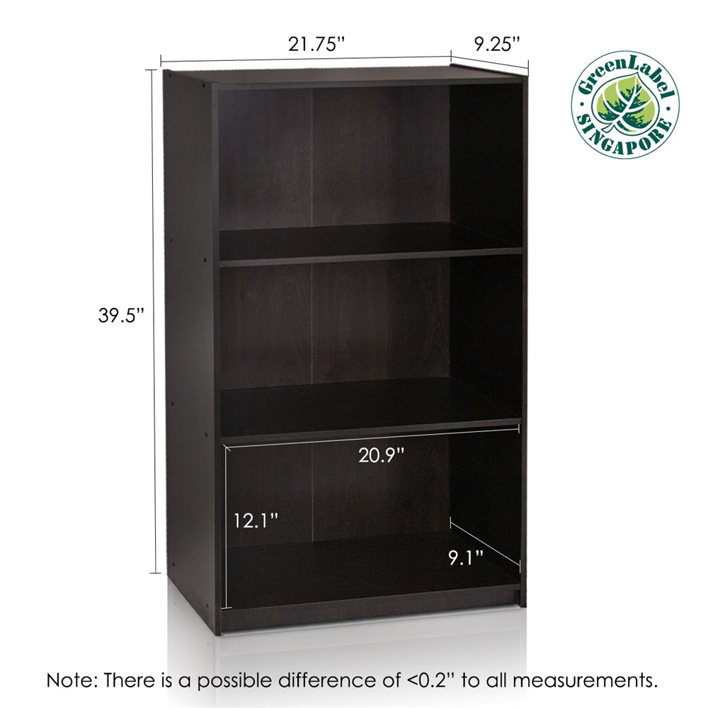 Basic 3-Tier Bookcase Storage Shelves, Espresso - Furinno