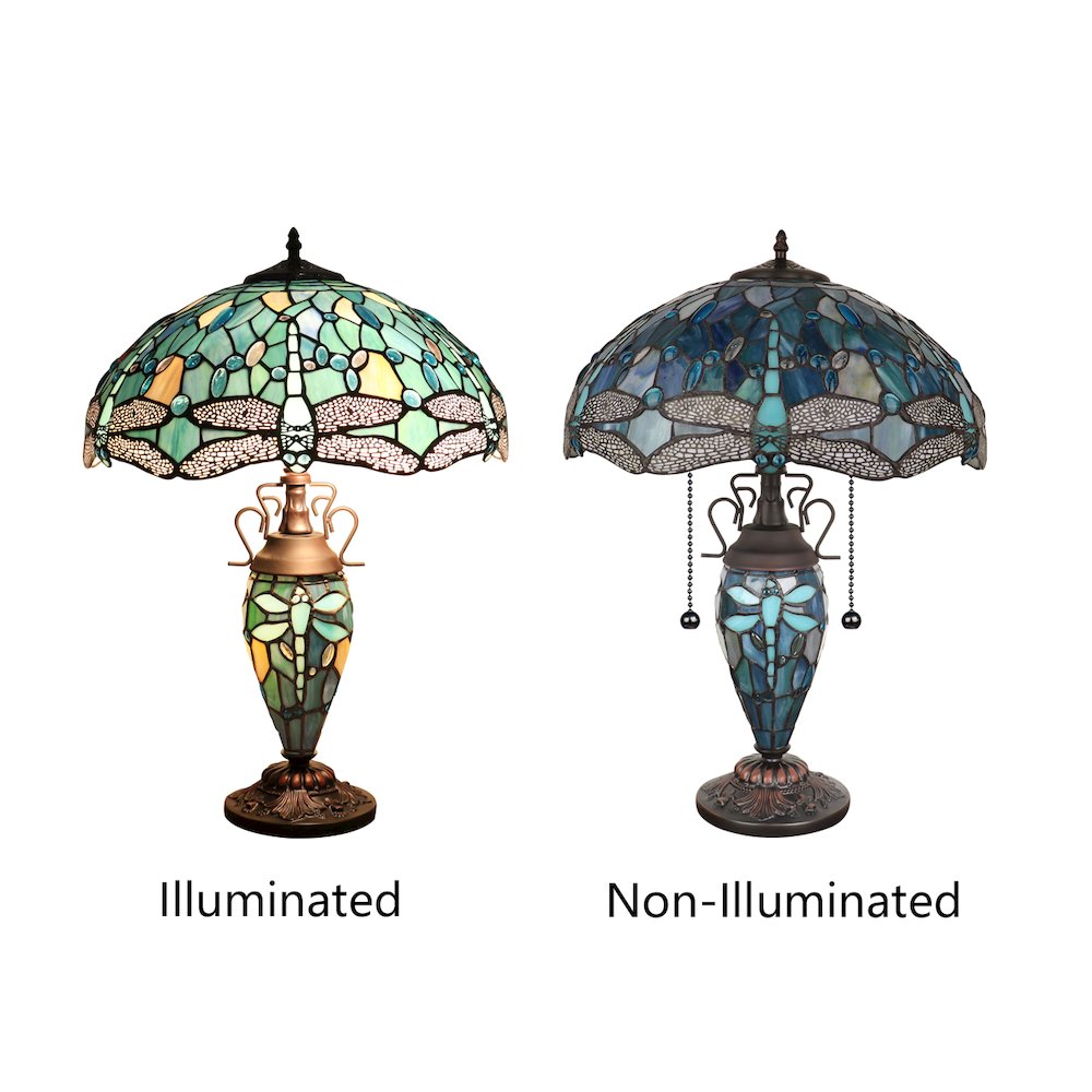Sunniva Dragonfly Tiffany-Style 3-Light Double Lit Table Lamp 16'' Shade - CHLOE Lighting