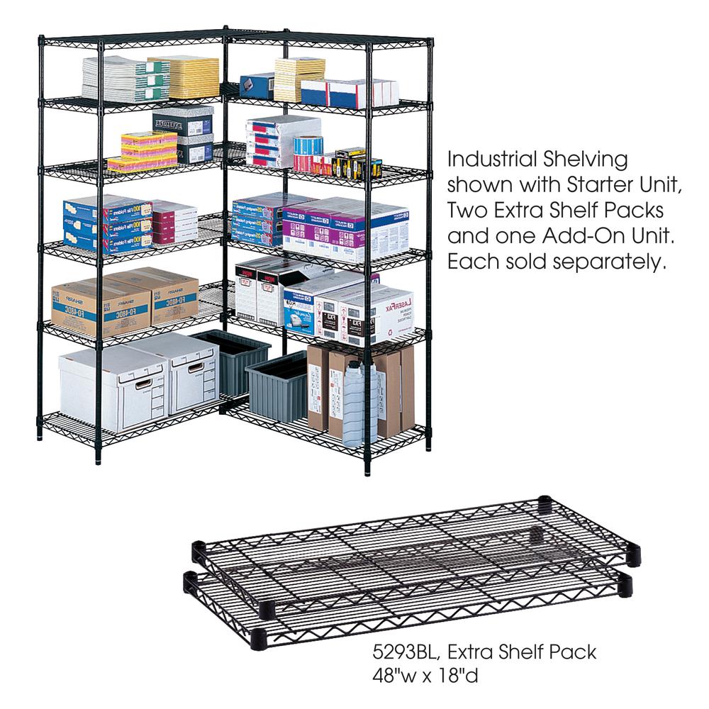 Safco Industrial Wire Extra Shelve - 48'' x 18'' x 1.5'' - 4 x Shelf(ves) - 1250 lb Load Capacity - Leveling Glide, Dust Proof - Black - Powder Coated - Steel - Assembly Required
