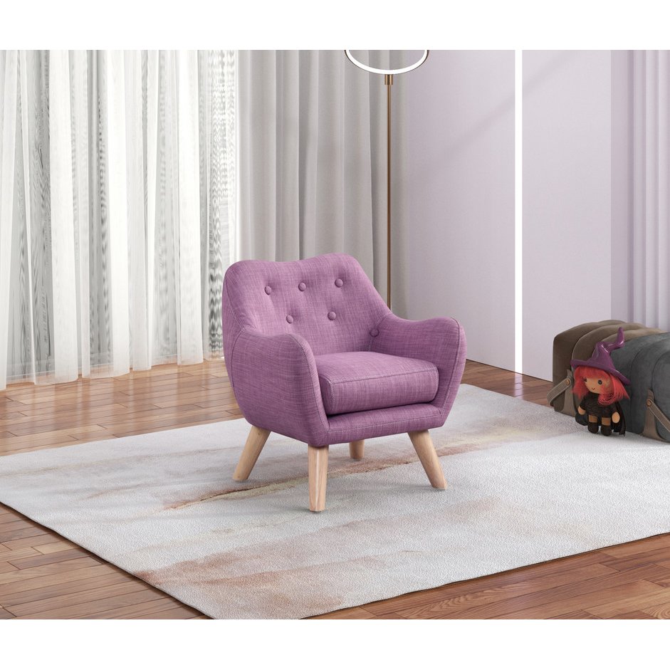Fenix 19.5''W Pink Linen Kids Chair with Button Tufted Back and Wooden Legs - Lilola Home