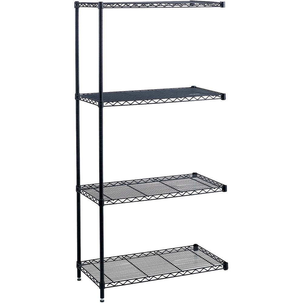 Safco Industrial Wire Shelving Add-On Unit - 36'' x 18'' x 72'' - 4 x Shelf(ves) - Leveling Glide, Adjustable Leveler, Adjustable Feet, Dust Proof - Black - Powder Coated - Steel, Plastic - Assembly Requ