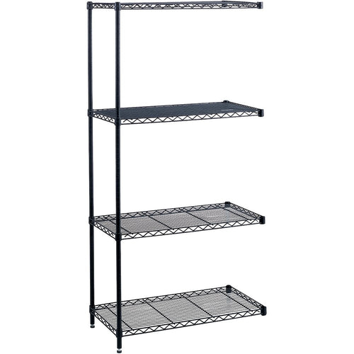 Safco Industrial Wire Shelving Add-On Unit - 36'' x 18'' x 72'' - 4 x Shelf(ves) - Leveling Glide, Adjustable Leveler, Adjustable Feet, Dust Proof - Black - Powder Coated - Steel, Plastic - Assembly Requ