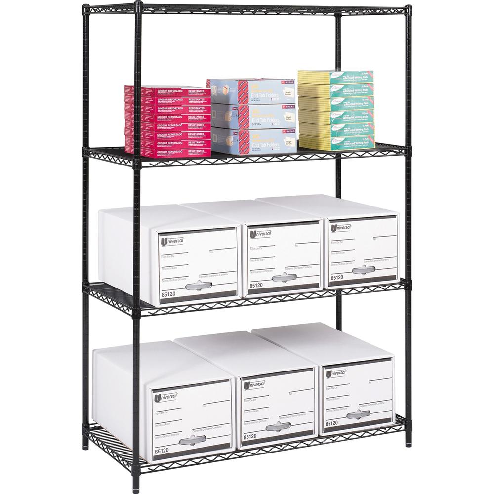 Safco Industrial Wire Shelving - 48'' x 24'' x 72'' - 4 x Shelf(ves) - 3200 lb Load Capacity - Adjustable Glide, Durable - Black - Powder Coated - Steel - Assembly Required
