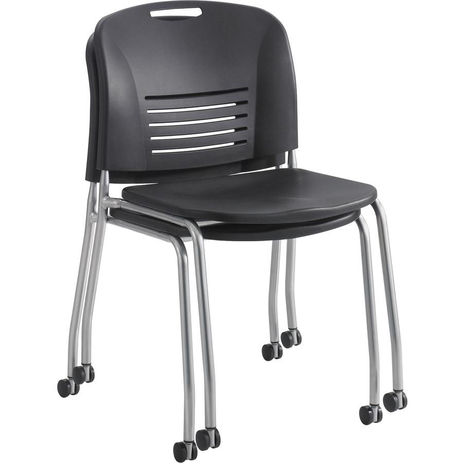 Safco Vy Straight Leg Stack Chairs with Casters - Plastic Seat - Plastic Back - Powder Coated Steel Frame - Four-legged Base - Black - Polypropylene - 2 / Carton