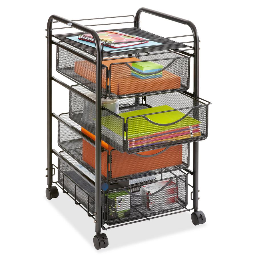 Safco Onyx Double Mesh Mobile File Cart - 2 Shelf - 4 Drawer - 4 Casters - 1.50'' Caster Size - x 15.8'' Width x 17'' Depth x 27'' Height - Black Steel Frame - Black - 1 Each