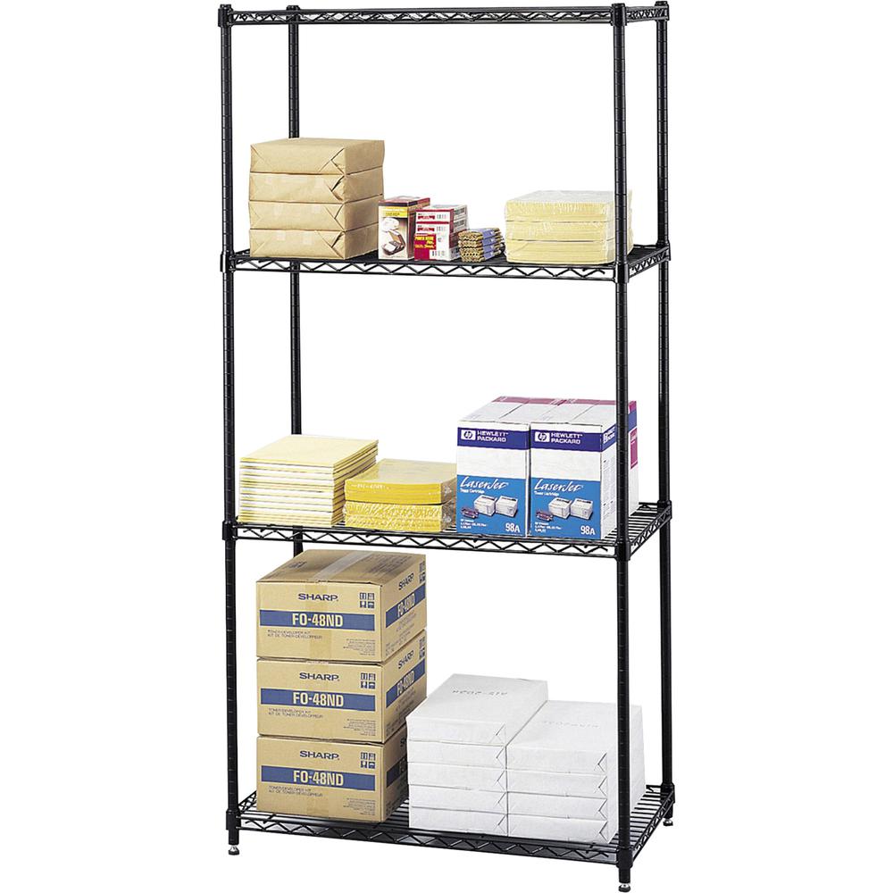 Safco Commercial Wire Shelving - 18'' x 72'' x 36'' - 4 x Shelf(ves) - 2000 lb Load Capacity - Leveling Glide - Black - Powder Coated - Steel - Assembly Required