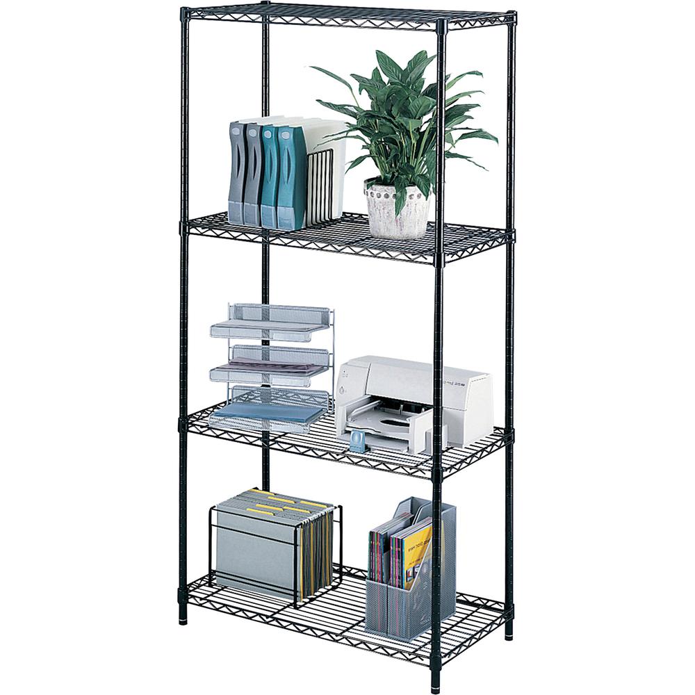 Safco Industrial Wire Shelving - 36'' x 18'' x 72'' - 4 x Shelf(ves) - Rust Proof, Leveling Glide, Adjustable Leveler, Adjustable Feet, Dust Proof - Black - Powder Coated - Steel, Plastic - Assembly Requ