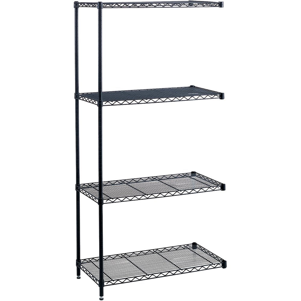 Safco Industrial Wire Shelving Add-On Unit - 36'' x 18'' x 72'' - 4 x Shelf(ves) - Leveling Glide, Adjustable Leveler, Adjustable Feet, Dust Proof - Black - Powder Coated - Steel, Plastic - Assembly Requ