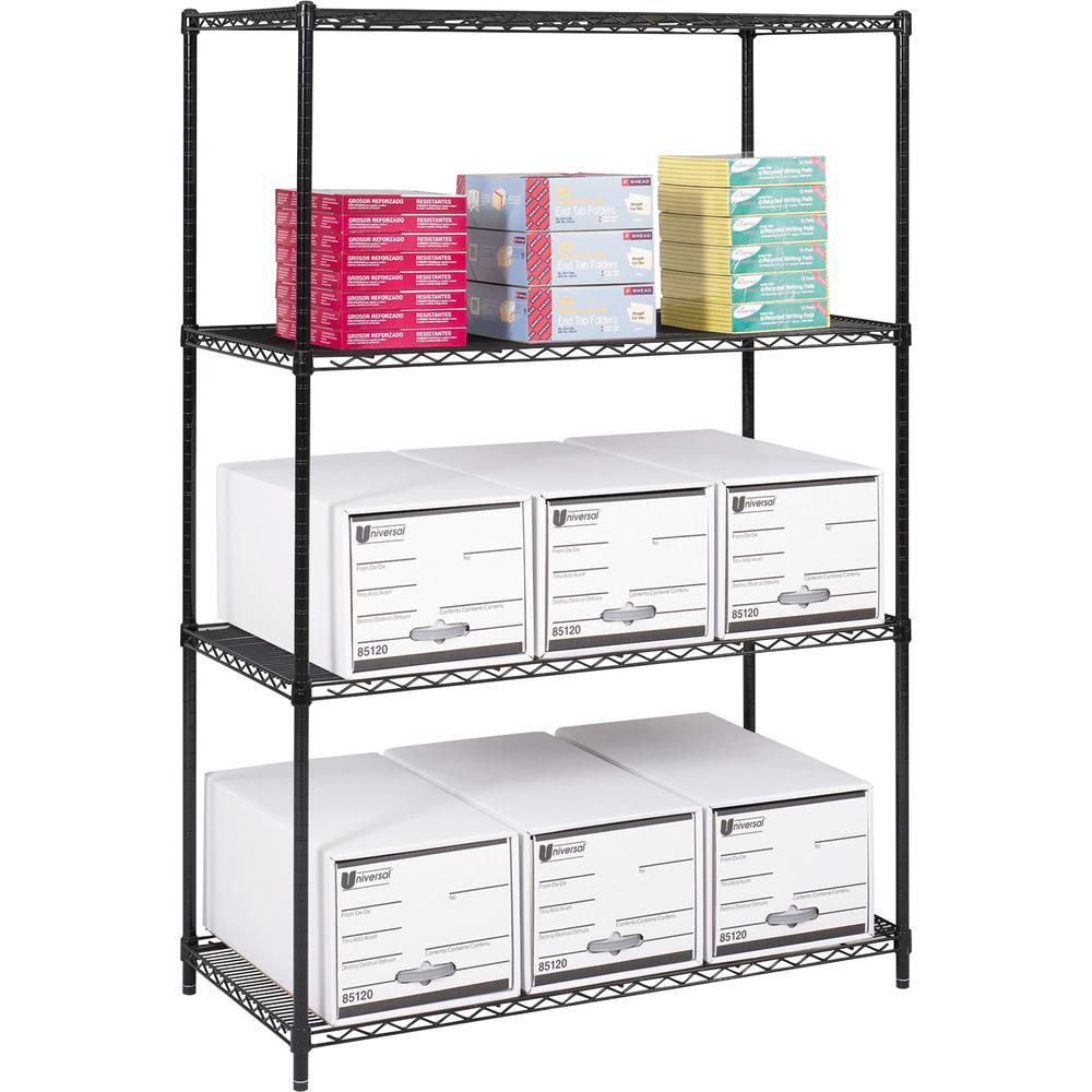 Safco Industrial Wire Shelving - 48'' x 24'' x 72'' - 4 x Shelf(ves) - 3200 lb Load Capacity - Adjustable Glide, Durable - Black - Powder Coated - Steel - Assembly Required