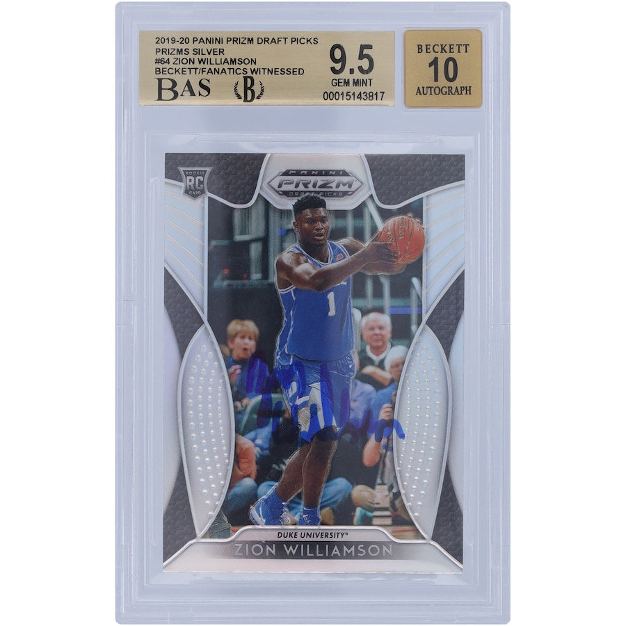 Zion Williamson Duke Blue Devils Autographed 2019-20 Panini Prizm Draft Picks Silver #64 Beckett Fanatics Witnessed Authenticated 9.5/10 Rookie Card - 9.5/9/9.5/9.5 Subgrades