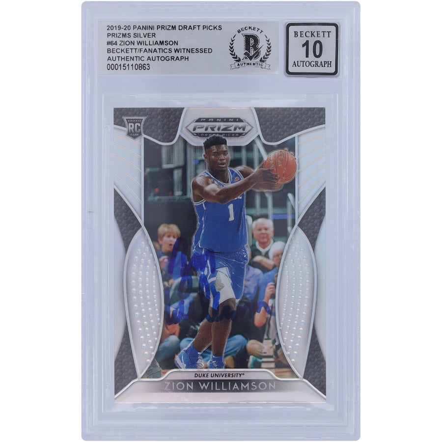 Zion Williamson Duke Blue Devils Autographed 2019-20 Panini Prizm Draft Picks Silver #64 Beckett Fanatics Witnessed Authenticated 10 Rookie Card