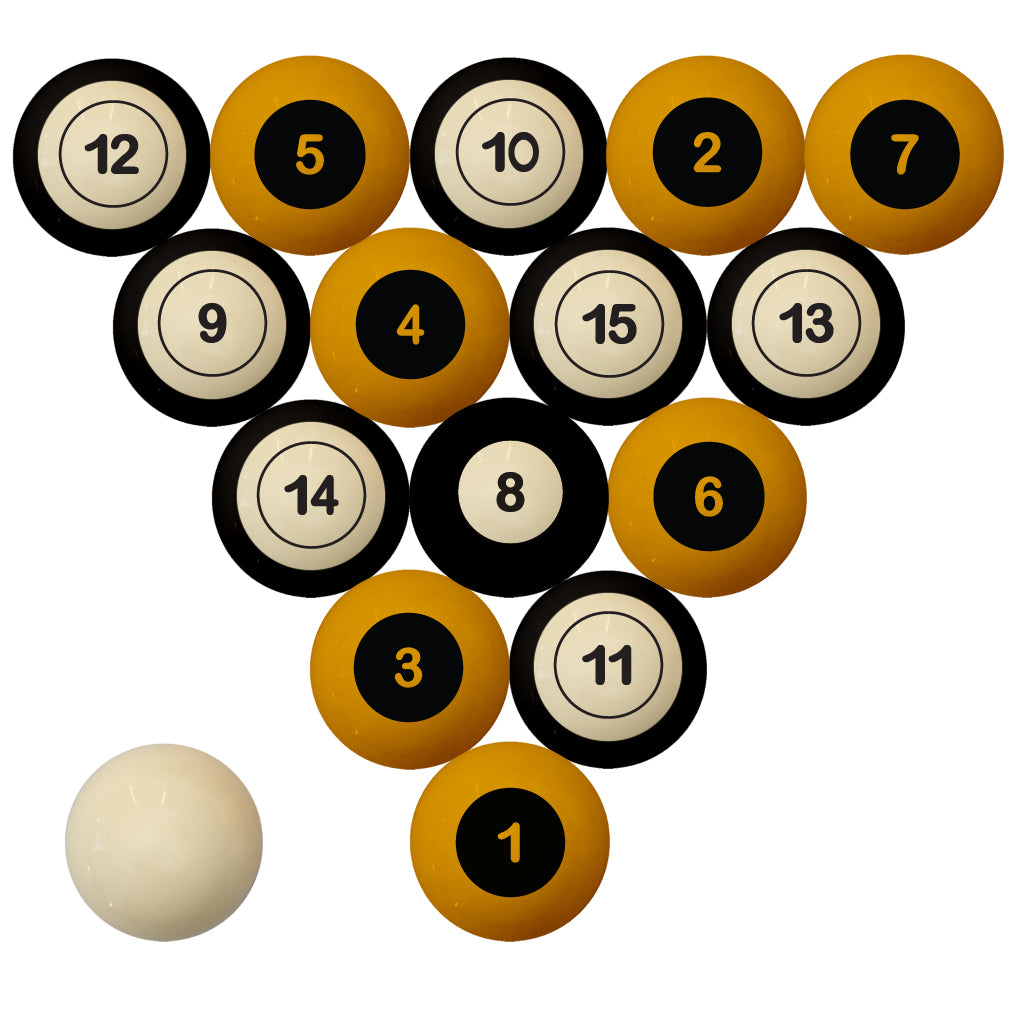 MIZZOU SCHOOL COLOR NUMBERED BILLIARD BALL SET GOLD SOLID/BLACK STRIPE - MIZBBS300N