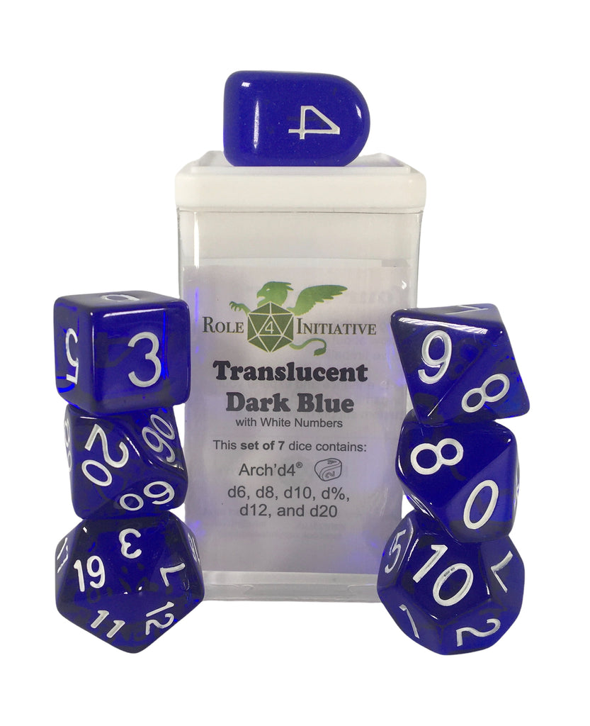 Role 4 Initiative - Role 4 Initiative Set Of 7 Dice With Arch D4 Translucent Dark Blue With White