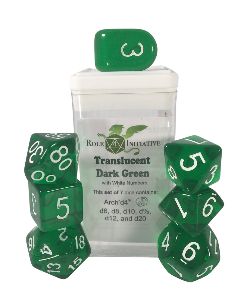 Role 4 Initiative - Role 4 Initiative Set Of 7 Dice With Arch D4 Translucent Dark Green With White