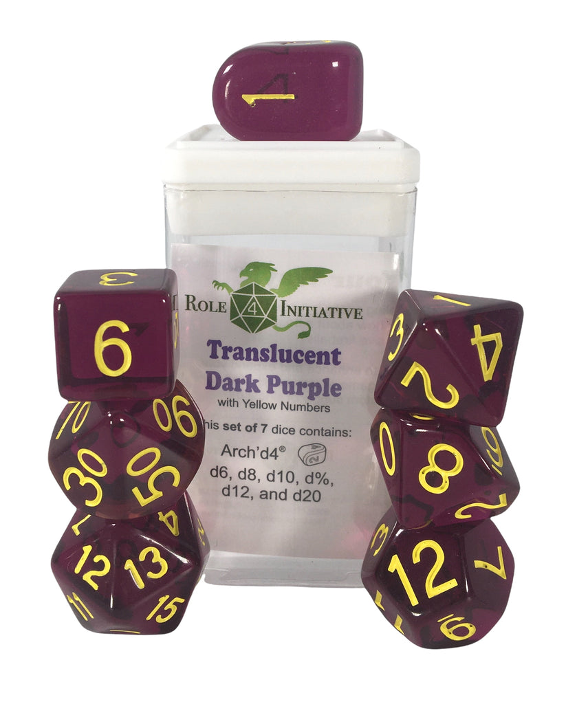 Role 4 Initiative - Role 4 Initiative Set Of 7 Dice With Arch D4 Translucent Dark Purple With Yellow