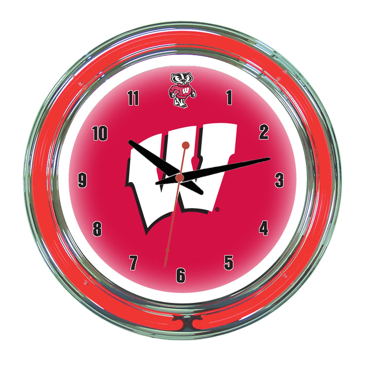 WISCONSIN NEON WALL CLOCK - 14'' RED FACE / RED NEON - UWINWC100-14