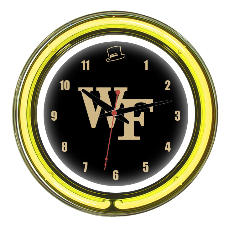 WAKE FOREST NEON WALL CLOCK - 14'' BLACK FACE / YELLOW NEON - WFUNWC200-14