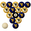 WEST VIRGINIA SCHOOL COLOR NUMBERED BILLIARD BALL SET BLUE SOLID/GOLD STRIPE - WVUBBS100N