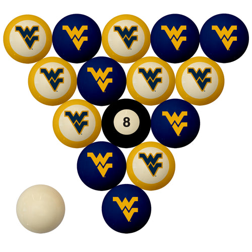WEST VIRGINIA SCHOOL COLOR NUMBERED BILLIARD BALL SET BLUE SOLID/GOLD STRIPE - WVUBBS100N