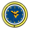WEST VIRGINIA NEON WALL CLOCK - 14'' BLUE FACE / YELLOW NEON - WVUNWC100-14