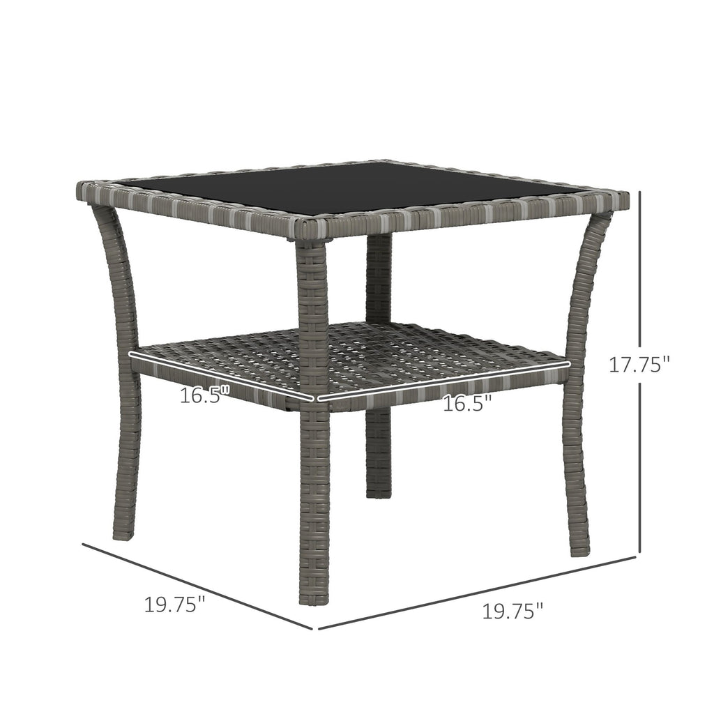 Yeah Depot - Outsunny Rattan Side Table, Outdoor End Table with Storage Shelf, Aluminum Frame Square, Coffee Table with Tempered Glass Top, Mixed Gray
