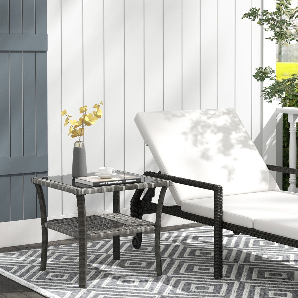 Yeah Depot - Outsunny Rattan Side Table, Outdoor End Table with Storage Shelf, Aluminum Frame Square, Coffee Table with Tempered Glass Top, Mixed Gray