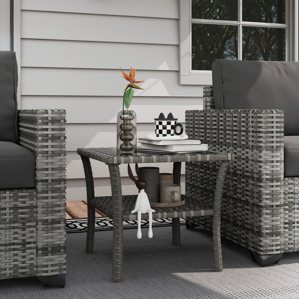 Yeah Depot - Outsunny Rattan Side Table, Outdoor End Table with Storage Shelf, Aluminum Frame Square, Coffee Table with Tempered Glass Top, Mixed Gray