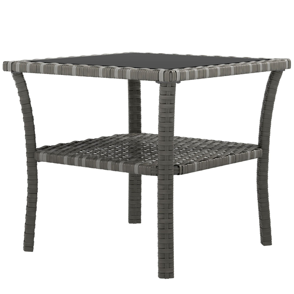 Yeah Depot - Outsunny Rattan Side Table, Outdoor End Table with Storage Shelf, Aluminum Frame Square, Coffee Table with Tempered Glass Top, Mixed Gray