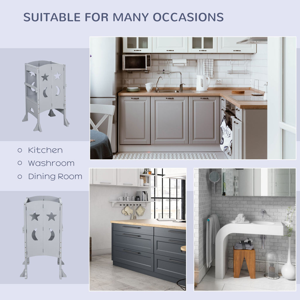 Orien Home - Wooden Kitchen Step Stool for Kids, Foldable Toddler Tower, Helper Stool for Kitchen Counter with Support Handles Safety Rail, Gray