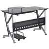 Black Glass Computer Desk with Pull-Out Keyboard Tray and CPU Cart - Flash Furniture