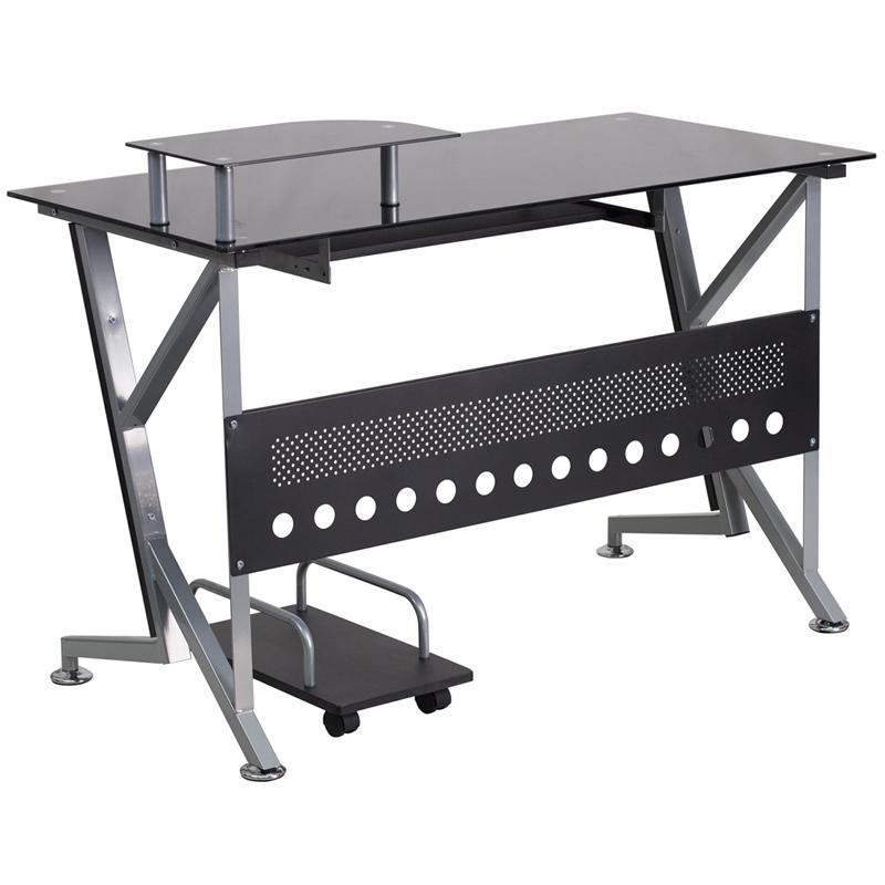 Black Glass Computer Desk with Pull-Out Keyboard Tray and CPU Cart - Flash Furniture