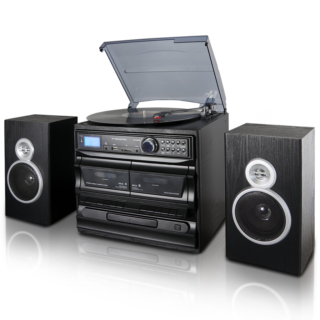 Trexonic  3-Speed Turntable With CD Player, Dual Cassette Player, BT, FM Radio &amp; USB/SD Recording and Wired Shelf Speakers - Factory Reconditioned