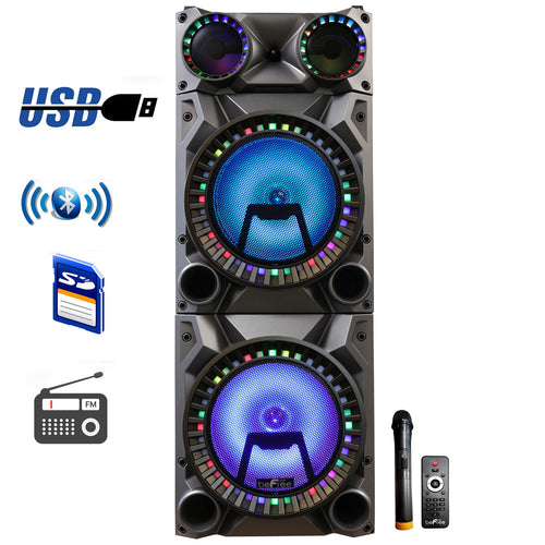Befree Sound beFree Sound Rechargeable Bluetooth 12inch Double Subwoofer Portable Party Speaker with Dual Layer Reactive Party Lights, USB, SD and AUX Inputs with FM Radio