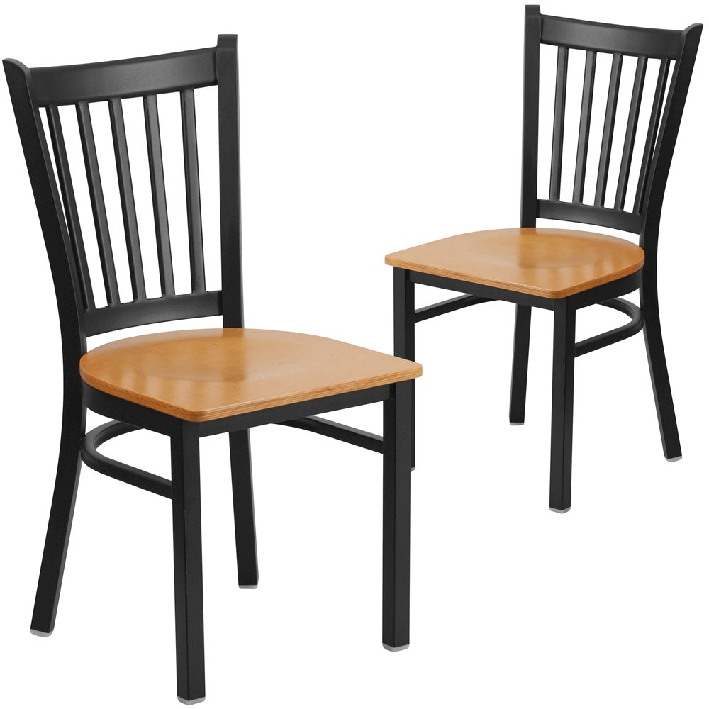2 Pk. Black Vertical Back Metal Restaurant Chair - Natural Wood Seat - Flash Furniture