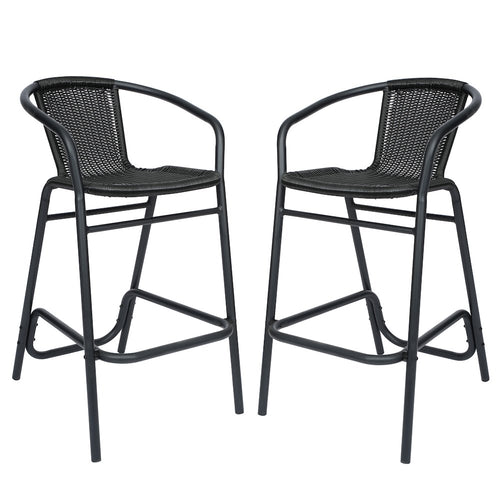 Set of 2 Rattan Restaurant Barstool with Black Aluminum Frame, Black - Flash Furniture
