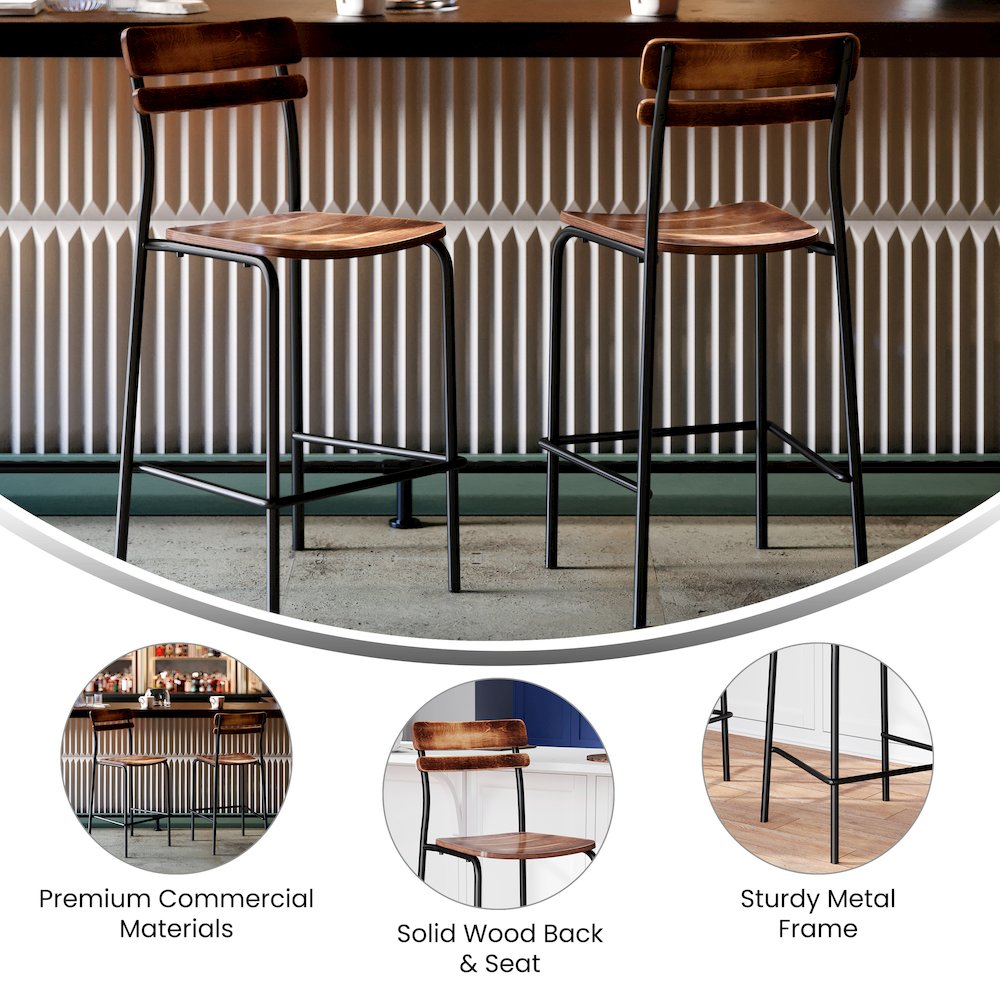 2 Pack Cyprus Solid Wood Bar Stools, Black Metal Frames, Antique Coppe ...