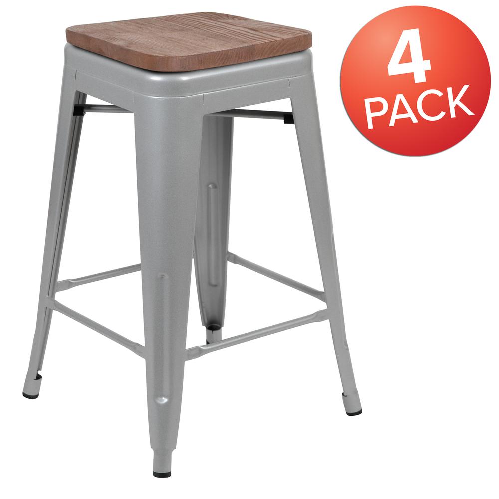 Set of 4 Modern Industrial Metal Stools  in Silver - Flash Furniture