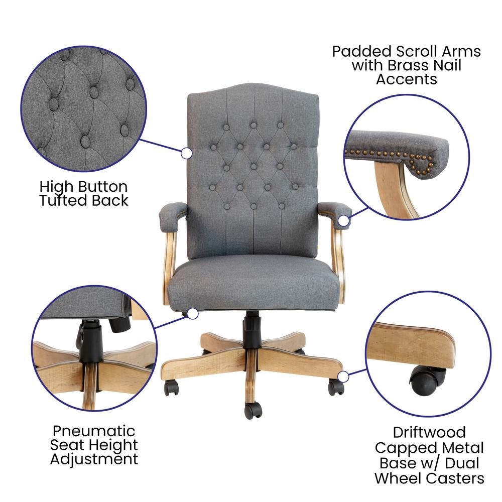 Gray Fabric Classic Executive Swivel Office Chair with Driftwood Arms and Base - Flash Furniture