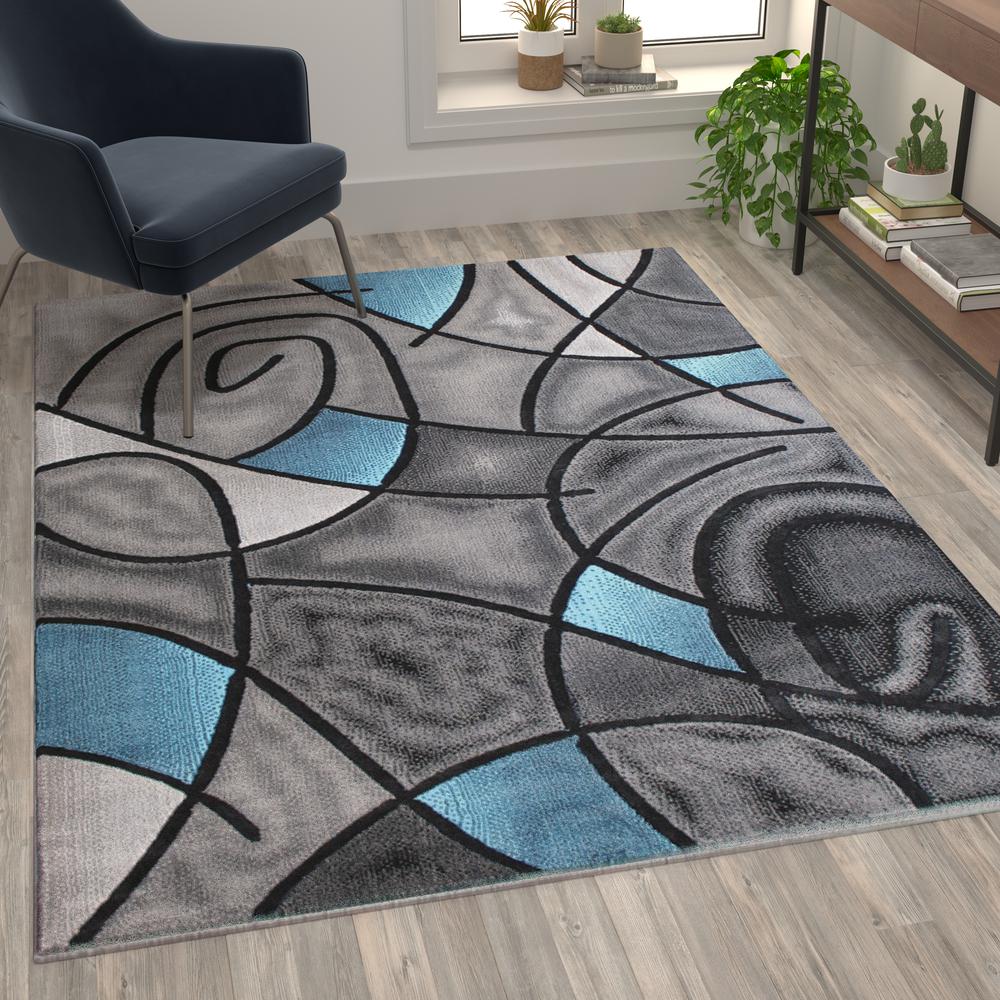 5' x 7' Blue Abstract Area Rug - Olefin Rug - Living Room, Bedroom,, Family Room - Flash Furniture