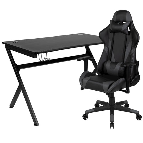 Black Gaming Desk and Gray/Black Reclining Gaming Chair Set - Flash Furniture