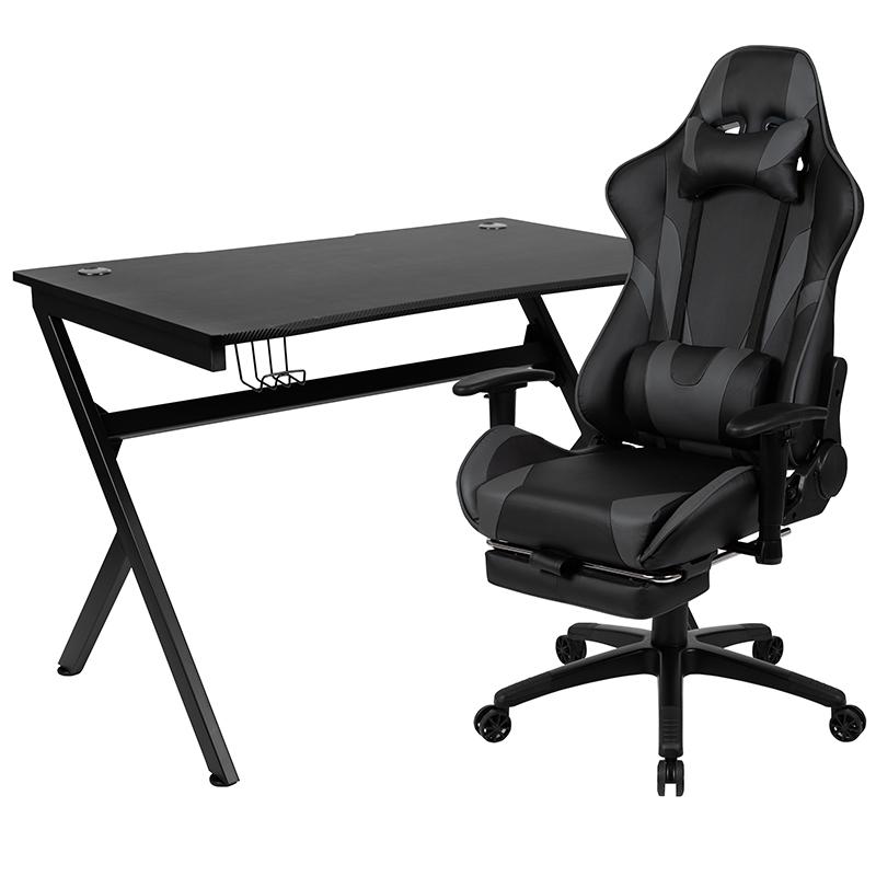 Black Gaming Desk and Gray Footrest Reclining Gaming Chair Set - Flash Furniture