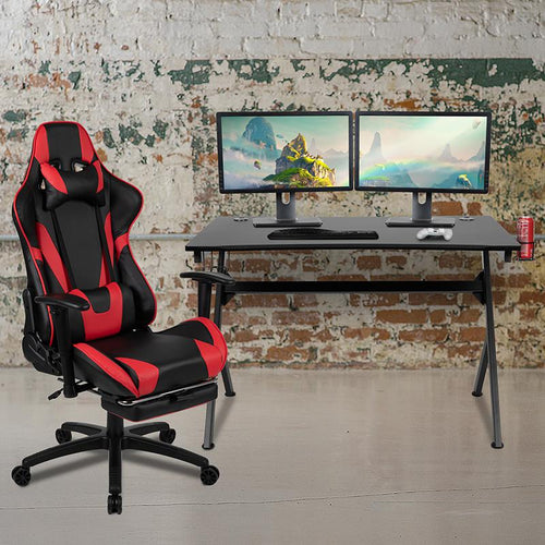 Black Gaming Desk and Red/Black Footrest Reclining Gaming Chair Set - Flash Furniture