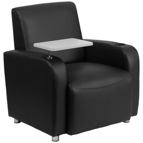 Black LeatherSoft Guest Chair with Tablet Arm, Chrome Legs and Cup Holder - Flash Furniture