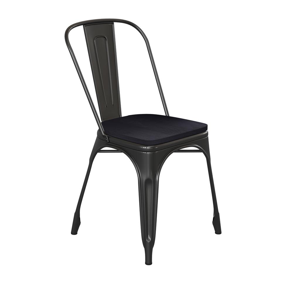 Black Metal Indoor-Outdoor Stackable Chair with Black Poly Resin Wood Seat - Flash Furniture
