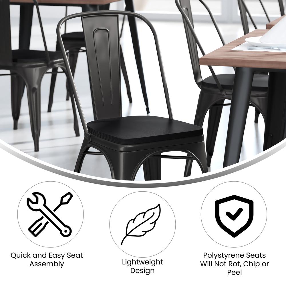 Black Metal Indoor-Outdoor Stackable Chair with Black Poly Resin Wood Seat - Flash Furniture