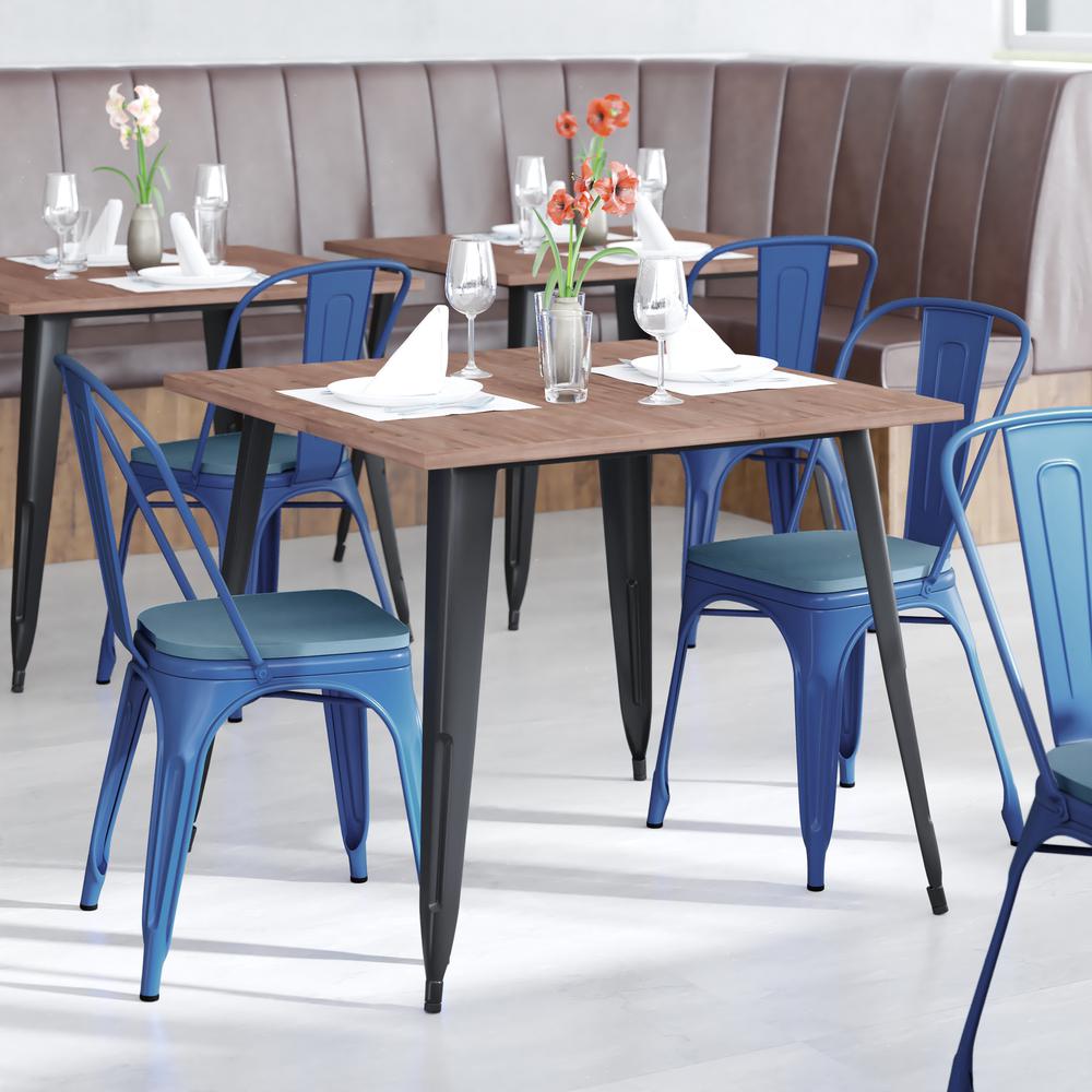 Blue Metal Indoor-Outdoor Stackable Chair with Teal-Blue Poly Resin Wood Seat - Flash Furniture