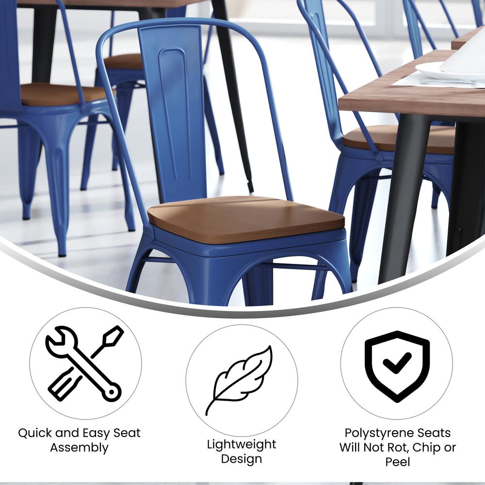Blue Metal Indoor-Outdoor Stackable Chair with Teak Poly Resin Wood Seat - Flash Furniture