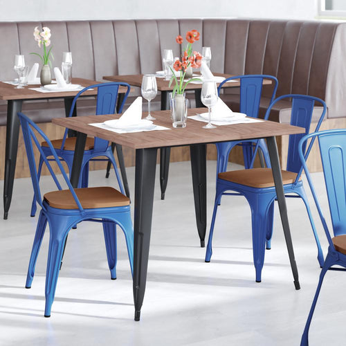 Blue Metal Indoor-Outdoor Stackable Chair with Teak Poly Resin Wood Seat - Flash Furniture