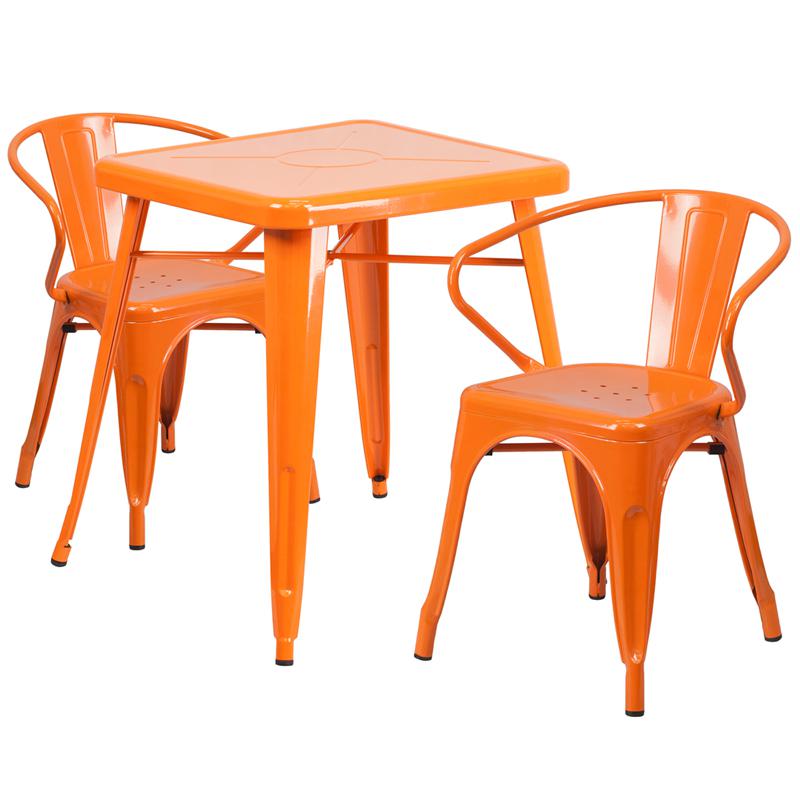 23.75'' Square Orange Metal Indoor-Outdoor Table Set with 2 Arm Chairs - Flash Furniture