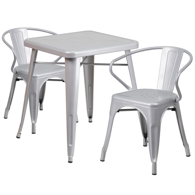 23.75'' Square Silver Metal Indoor-Outdoor Table Set with 2 Arm Chairs - Flash Furniture